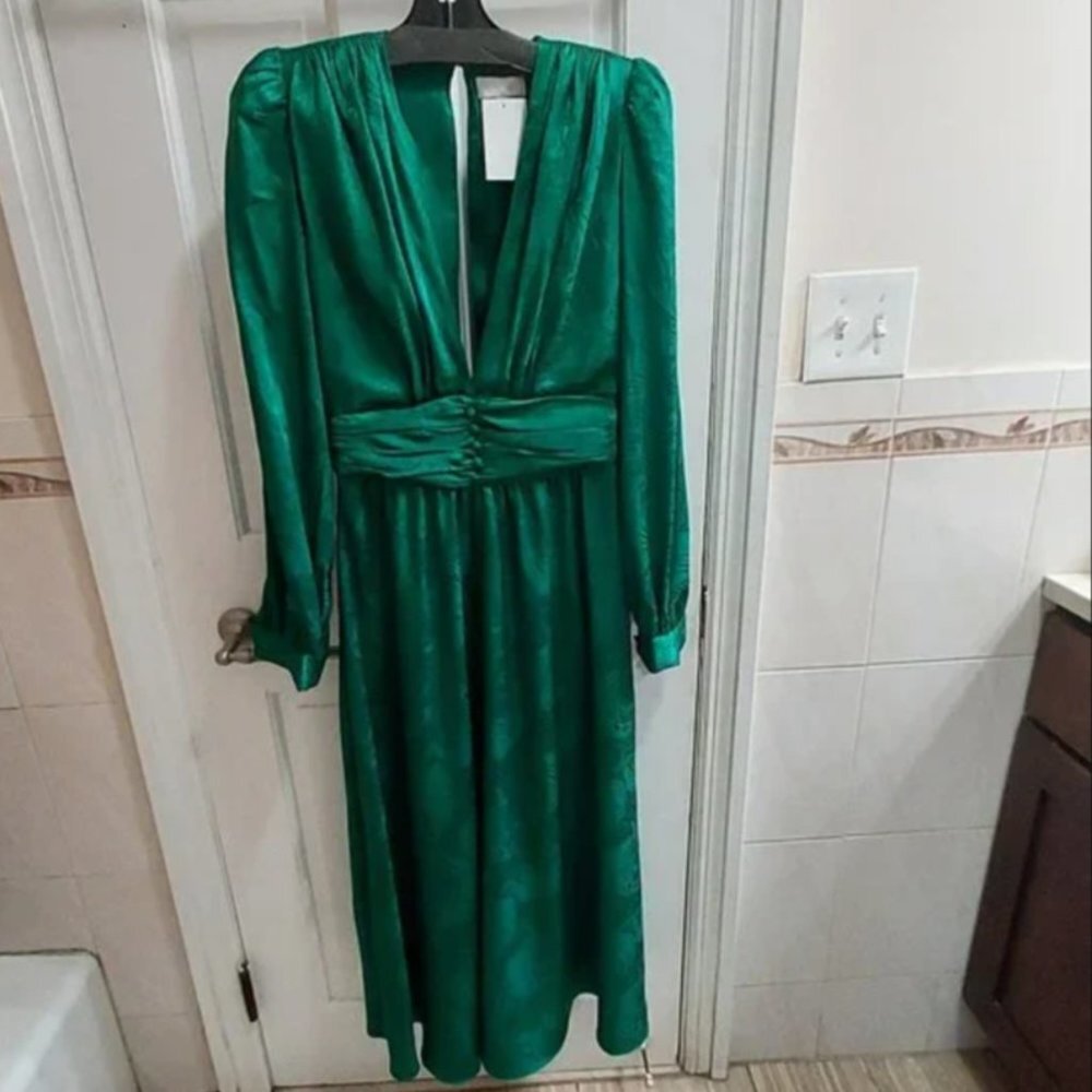 Ronny Kobo Collection Deep Emerald Satin Long Sleeve V-Neck Midi Dress